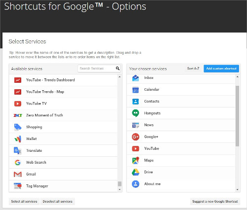 ShorcutsGoogle - Opciones